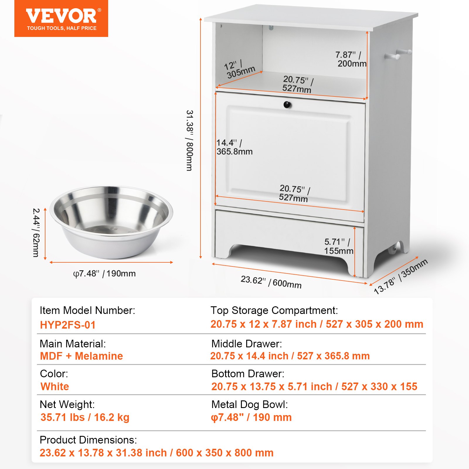 VEVOR Pet Feeding Station W 2 Elevated Dog Bowls Dog Food & Toy Storage Cabinet — foto 2