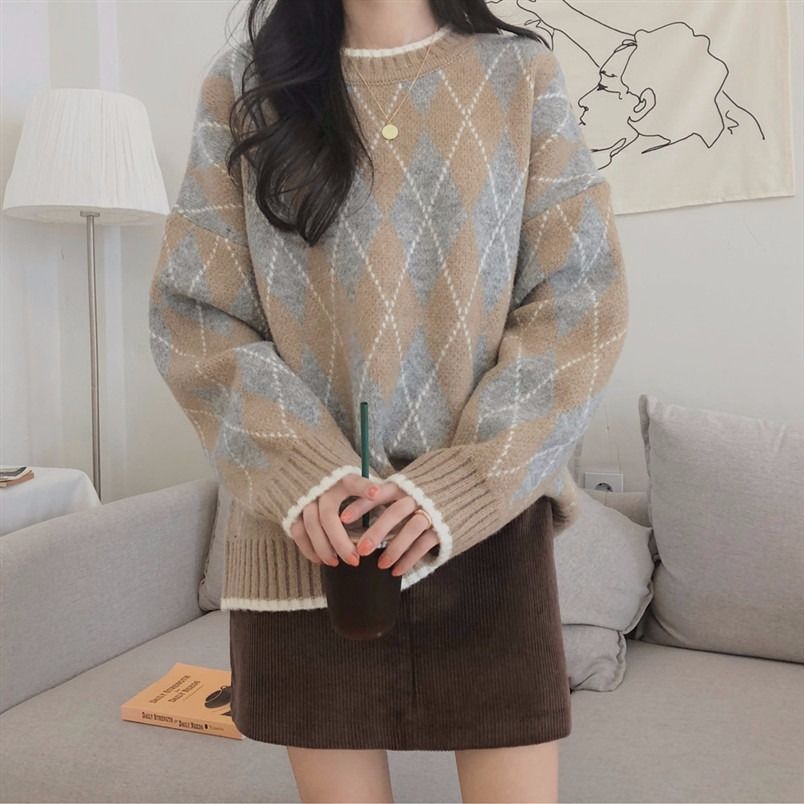 Rhombic Pullover Round Neck Sweater Loose In Winter