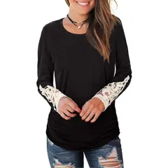 European And American Round Neck Pleated Sleeve Lace T-shirt Top - Black - View 1