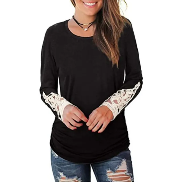 European And American Round Neck Pleated Sleeve Lace T shirt Top Black - Shop at LoveMi