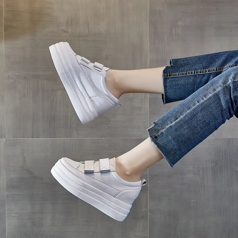 Women's Thick Sole Lightweight Leather Velcro Small White Shoes