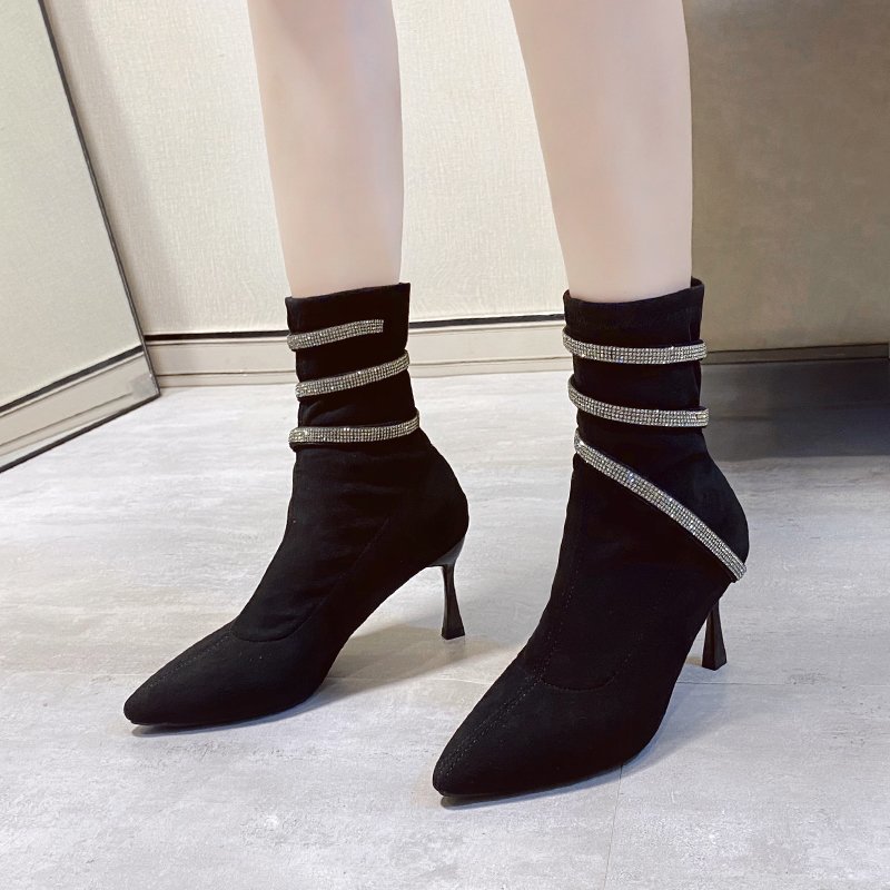 Pointed Fashion Boots Rhinestone French High Heels Black - Shop at LoveMi