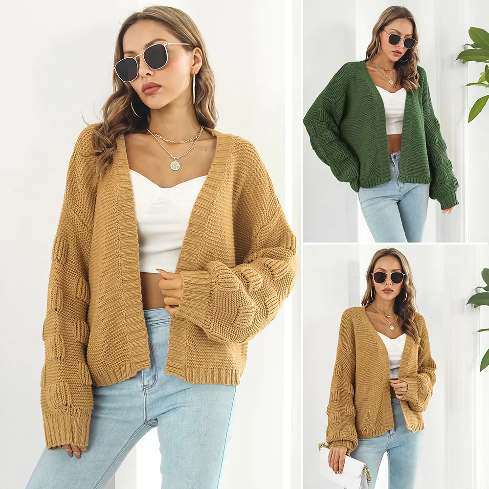 Puff Sleeve Cardigan Sweater Women Clothes Front Chunky Knitwear