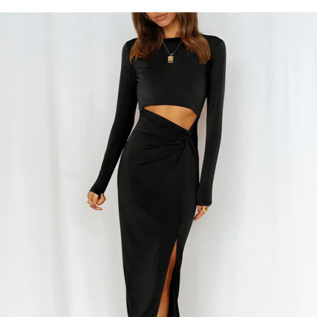 Autumn New Tight Twisted Slit Long Sleeve Hollow Women's Dress Slim Fit Hip Sexy Skirt Black - Shop at LoveMi