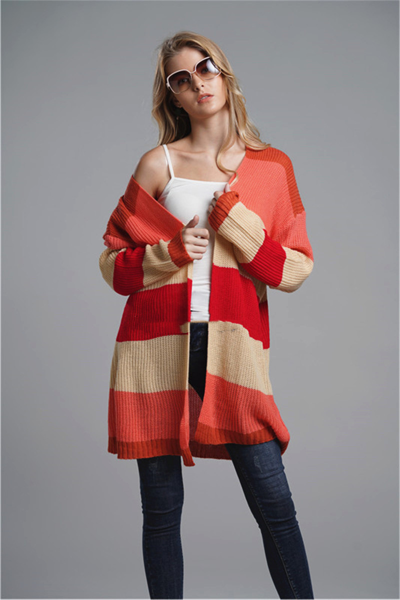 Mid-length Knitted Cardigan Loose Striped Rainbow Sweater
