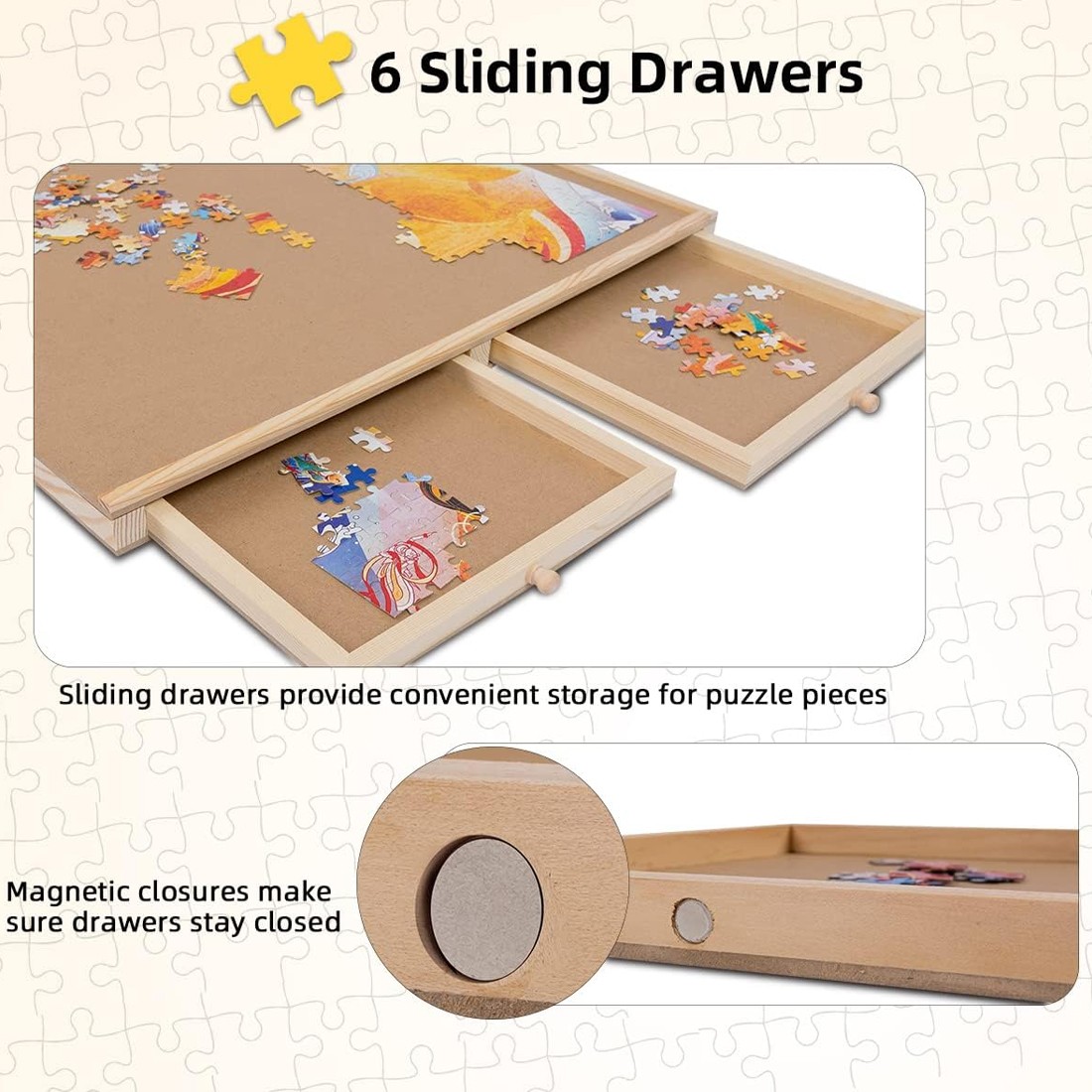 Wooden Jigsaw Puzzle Board Portable Storage Table W 6 Slid Drawer 60pcs — image 9