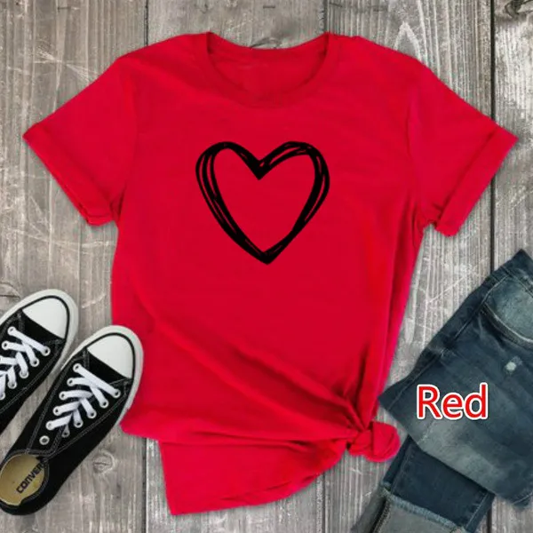 Heart Print T Shirt Women Short Sleeve O Neck Loose Tshirt Summer Women Causal Tee Shirt Tops Clothes Camisetas Mujer Red - Shop at LoveMi