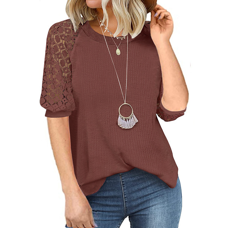 Women's Waffle Grace Panel Short Sleeve Crew Neck T-Shirt Top