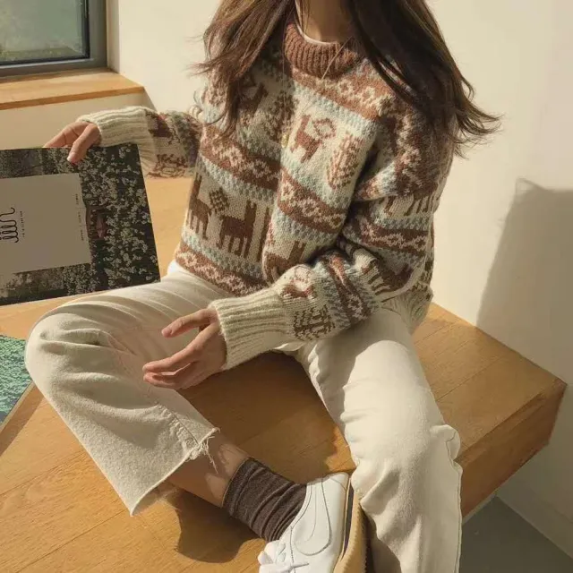 Retro Round Neck Twist Loose Knit Sweater Apricot - Shop at LoveMi