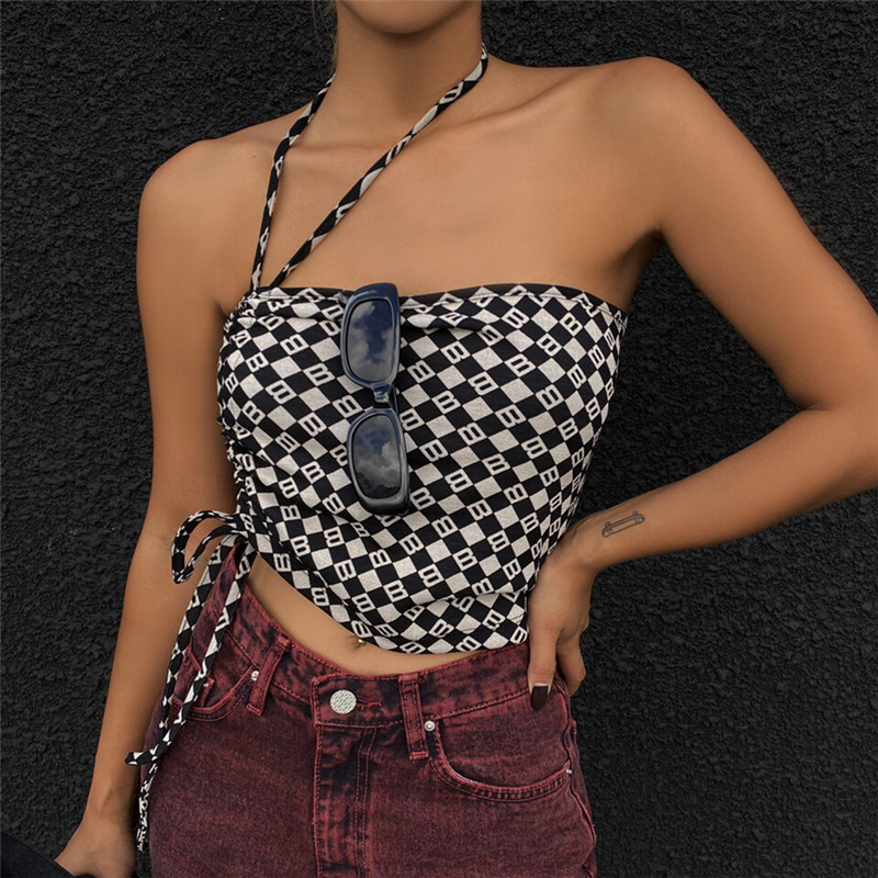 Title 5, Letter Plaid Print Drawstring Halter Neck Slim ...