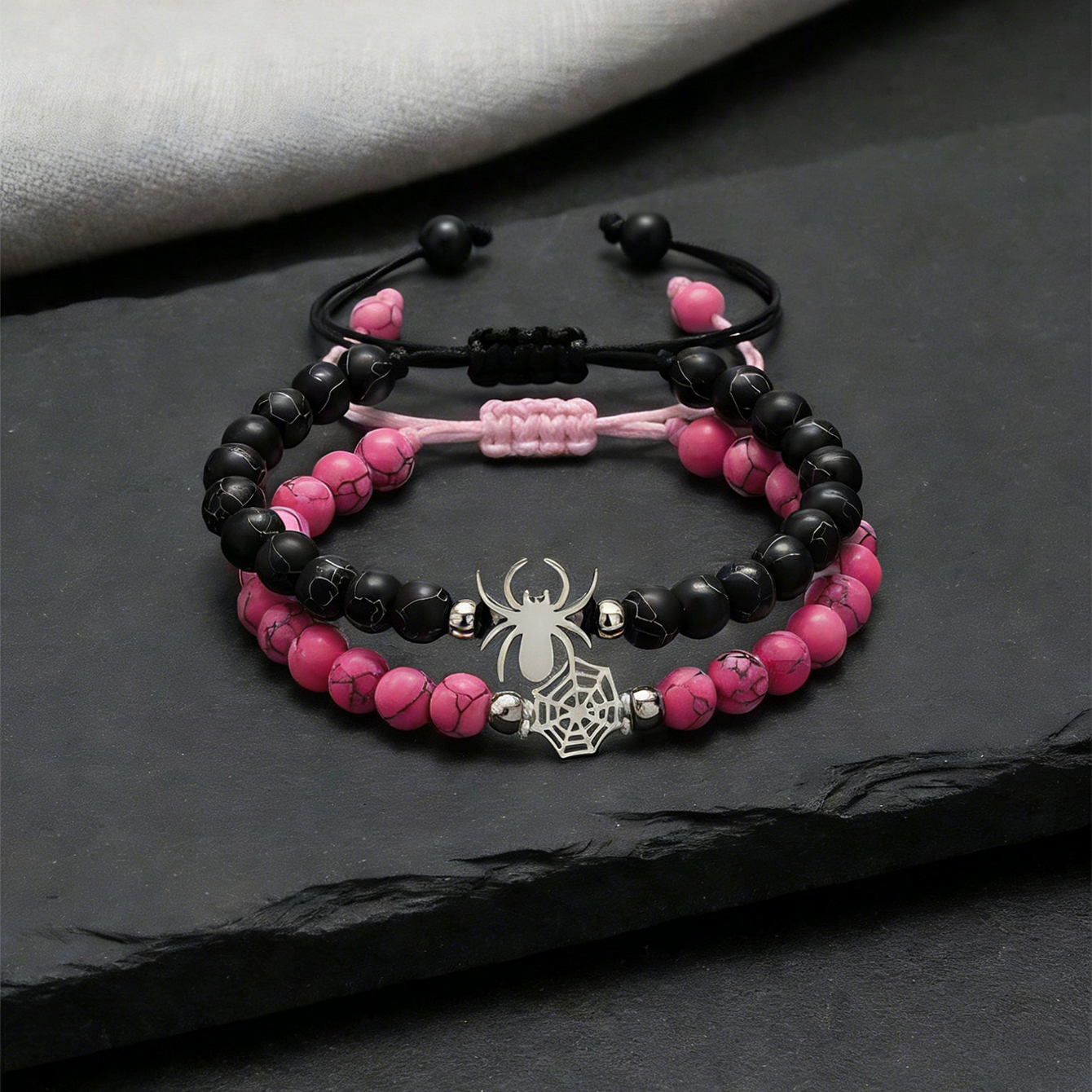 2pcs Matching Spider Web Bracelets For Couples Men Women, Natural Stone Black White Beaded Bracelets, Y2K Goth Punk Friendship Jewelry, Birthday Valentine's Day Gift For Best Friend Boyfriend Girlfrie - photo 5