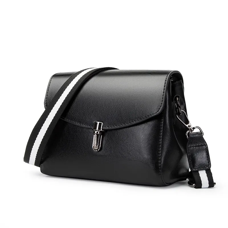 Genuine Leather Cowhide Women's Fashion Simple Wide Shoulder Strap - Black