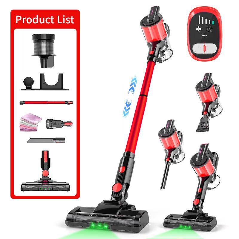 Red Cordless Lightweight Handheld Vacuum Cleaner With Anti-tangle Brush Head And Green LED Light. Multi-mode Carpet Cleaner Suitable For Hard Floors, Carpets, Pet Hair, And Cars.