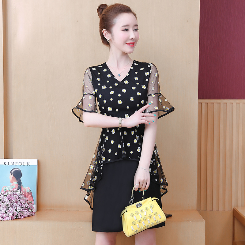 V-neck Belly-covering Floral Stitching Mesh Irregular Dress