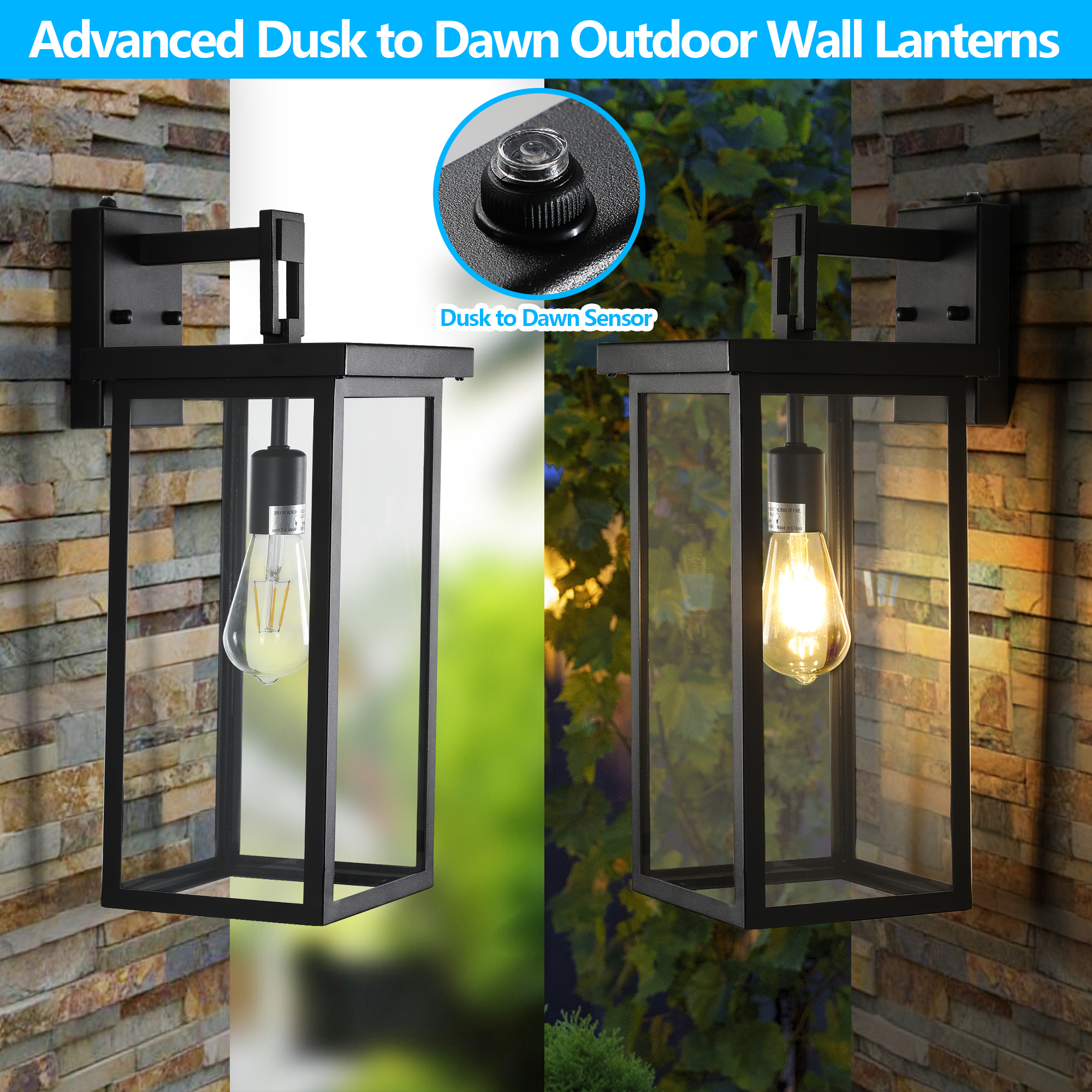 20  H  Set Of 2 Modern Outdoor Wall Lanterns With Black Metal Frame And Clear Glass, Ambient Light Sensors,Weatherproof Wall Sconces For Porch, Garage, Or Entryway Lighting, E26 Bulb Compatible