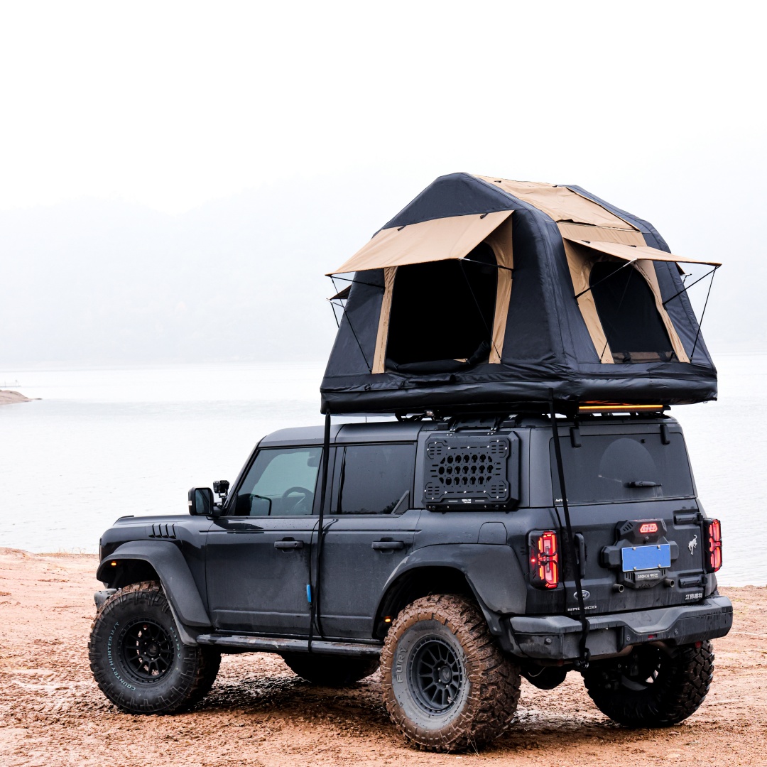 Foldable 2-3 People Amphibious Inflatable Car Roof Top Tent For Camping Outdoor Glamping Camping Tent For SUV,Truck  Without Ladder, Two-tone Style, Khaki & Black
