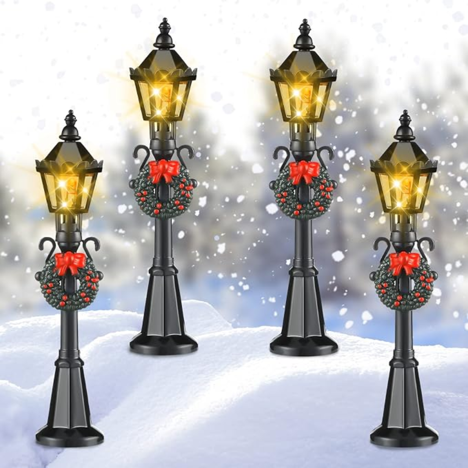 4 Pcs Christmas Miniature Village Lamp Post Light, Classic