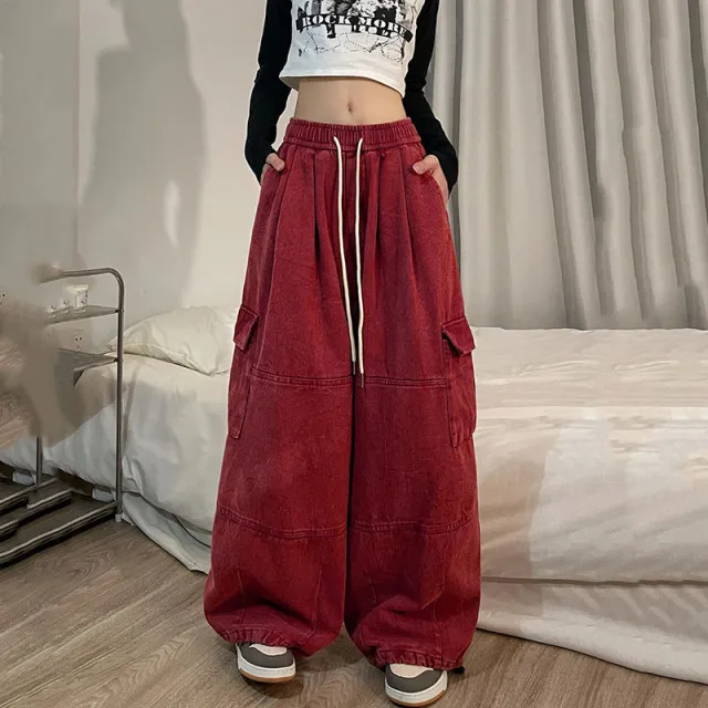 Vintage Cargo Pants Female Autumn Cotton Red - Shop at LoveMi