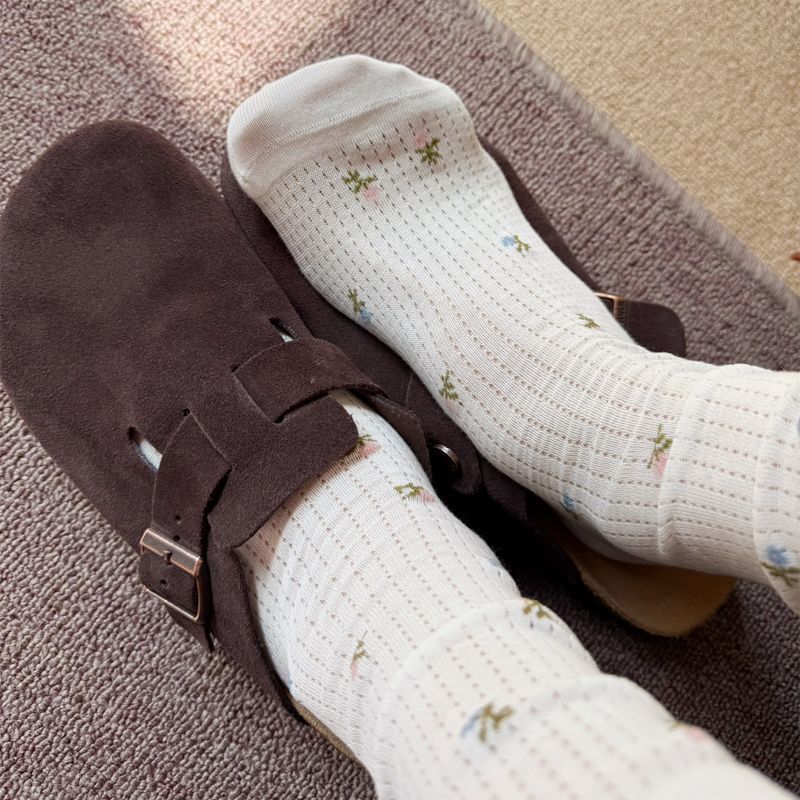 Coquette Floral Mesh Crew Socks, Off-White Sheer Knit Socks With Tiny Flower Print, Women's Breathable Casual Socks For Spring & Summer