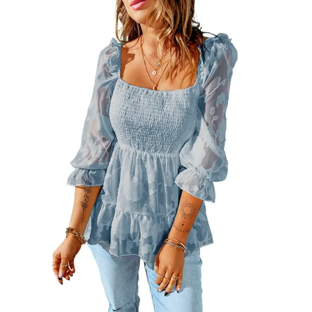 Solid Color Square Neck Three quarter Sleeve Chiffon Shirt Ruffled Versatile Top Dark Blue - Shop at LoveMi