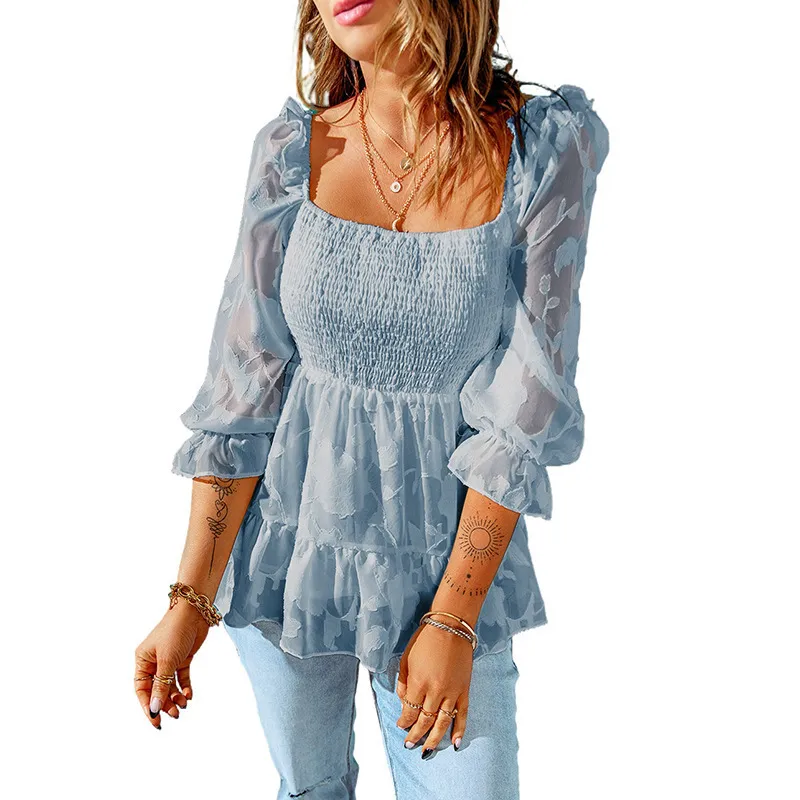 Solid Color Square Neck Three-quarter Sleeve Chiffon Shirt Ruffled Versatile Top - Dark Blue