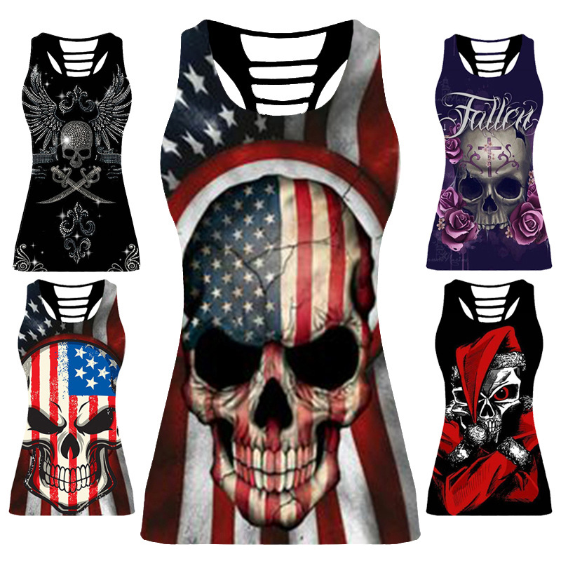 Title 4, Printed Sleeveless Hollow Sexy Racer Vest, Skul...