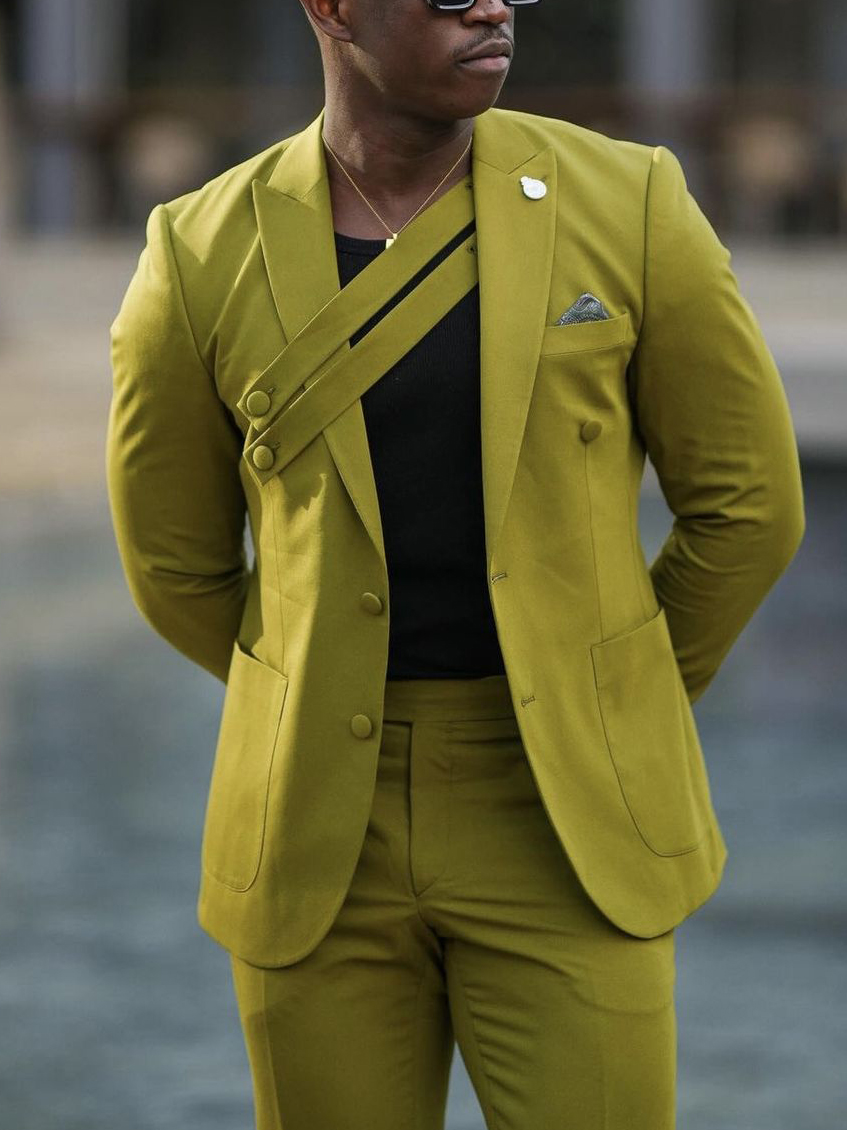 Olive Green Suit With Asymmetric Strap Detail And Tailored Fit