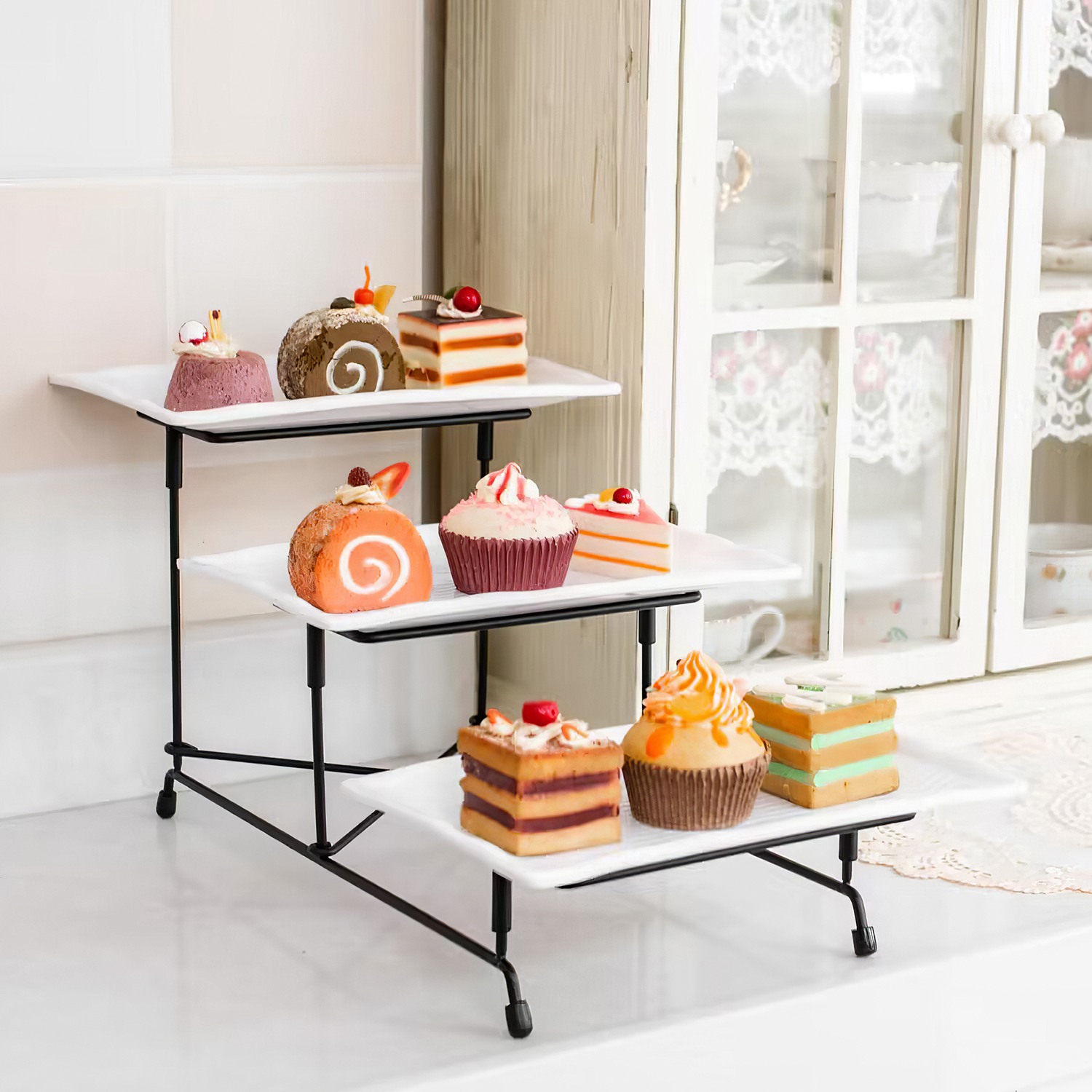 1 plateau de service en plastique à 3 niveaux, présentoir de serveur de desserts – Image 2