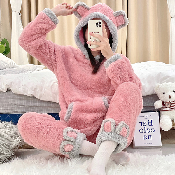 Title 14, Cute Coral Velvet Warmth And Velvet Padded Pajamas