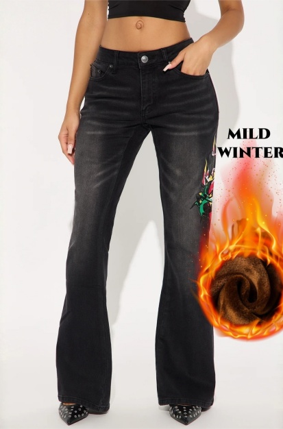 Jean évasé doublé en polaire noire Pantalon taille haute en denim femme chaud d'hiver Stock US Warehouse