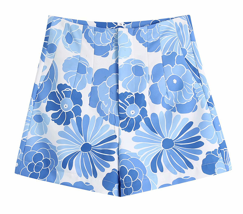 Ladies Blue Printed Loose Lapel Drape Long-sleeved Printed Shirt