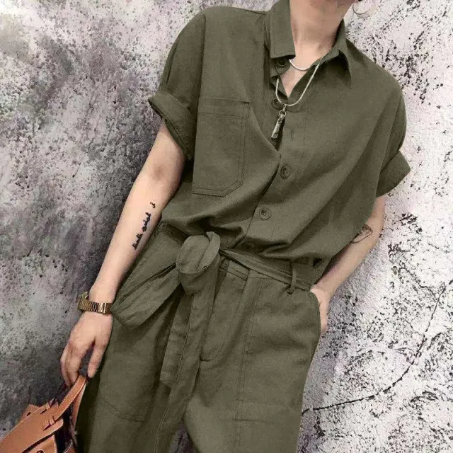 Siamese Pants Women's Summer New Style Lace Up High Waist Loose Overalls Army Green - Shop at LoveMi
