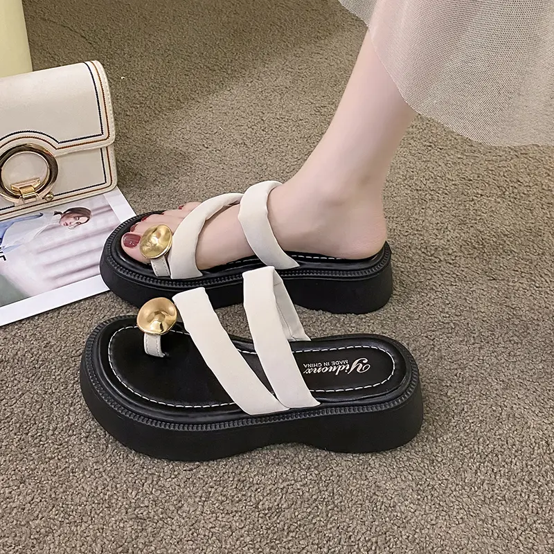 Women Summer Metal Ornament Toe Ring Platform Slide Sandals Matching Daily