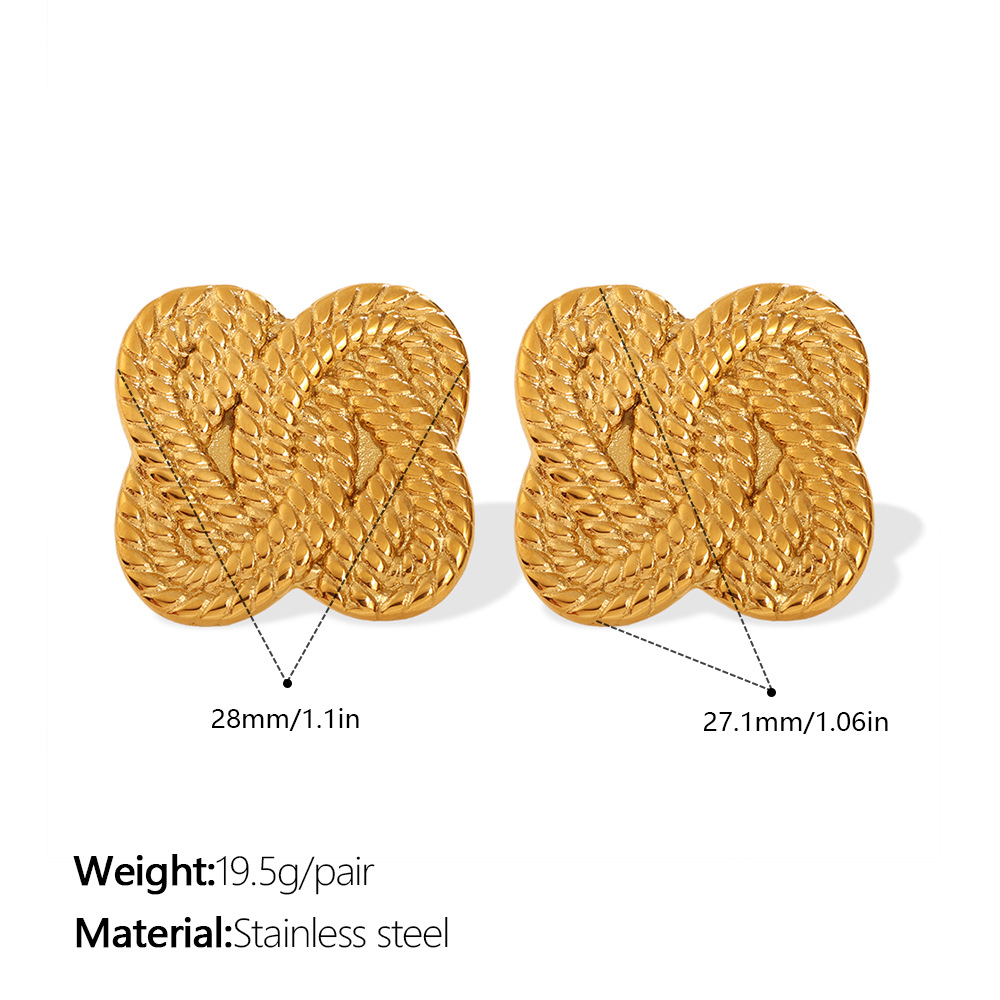 Vintage Woven Texture Four Leaf Clover Stud Earrings 3D Stereo Design, Delicate & Luxurious... thumbnail 3