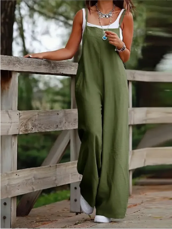 Women's Casual Solid Color Wide Leg Overall Jumpsuit Green - Shop at LoveMi