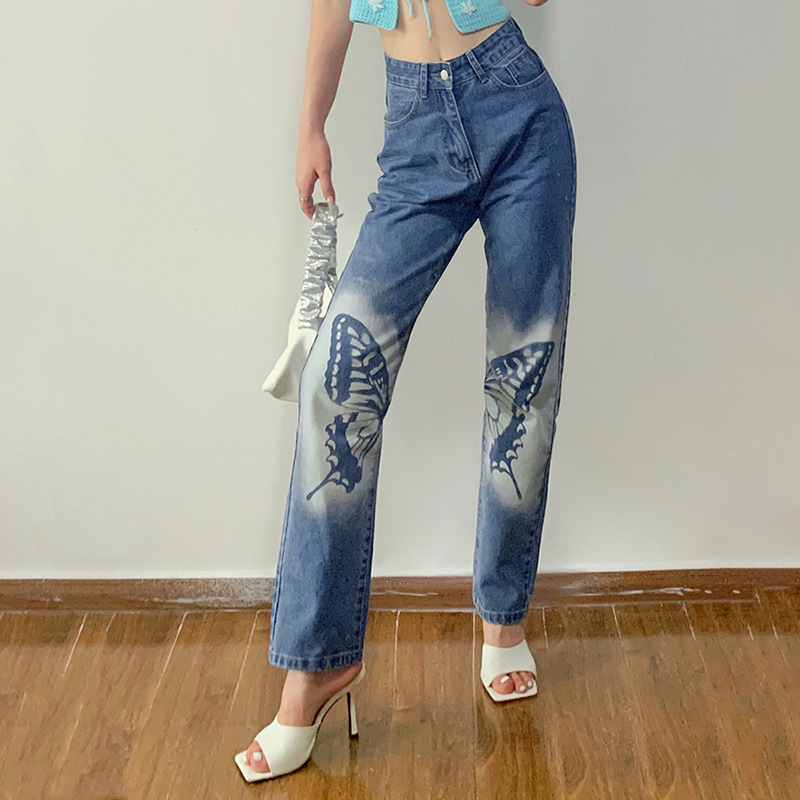 Fashion High rise Straight leg Butterfly Print Casual Jeans Blue - Shop at LoveMi