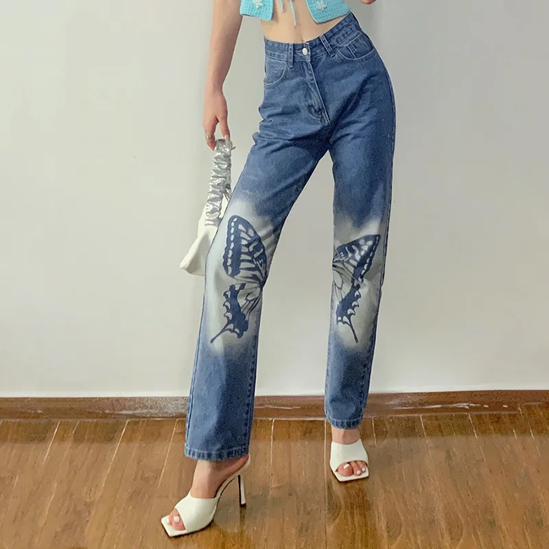 Fashion High-rise Straight-leg Butterfly Print Casual Jeans - Blue