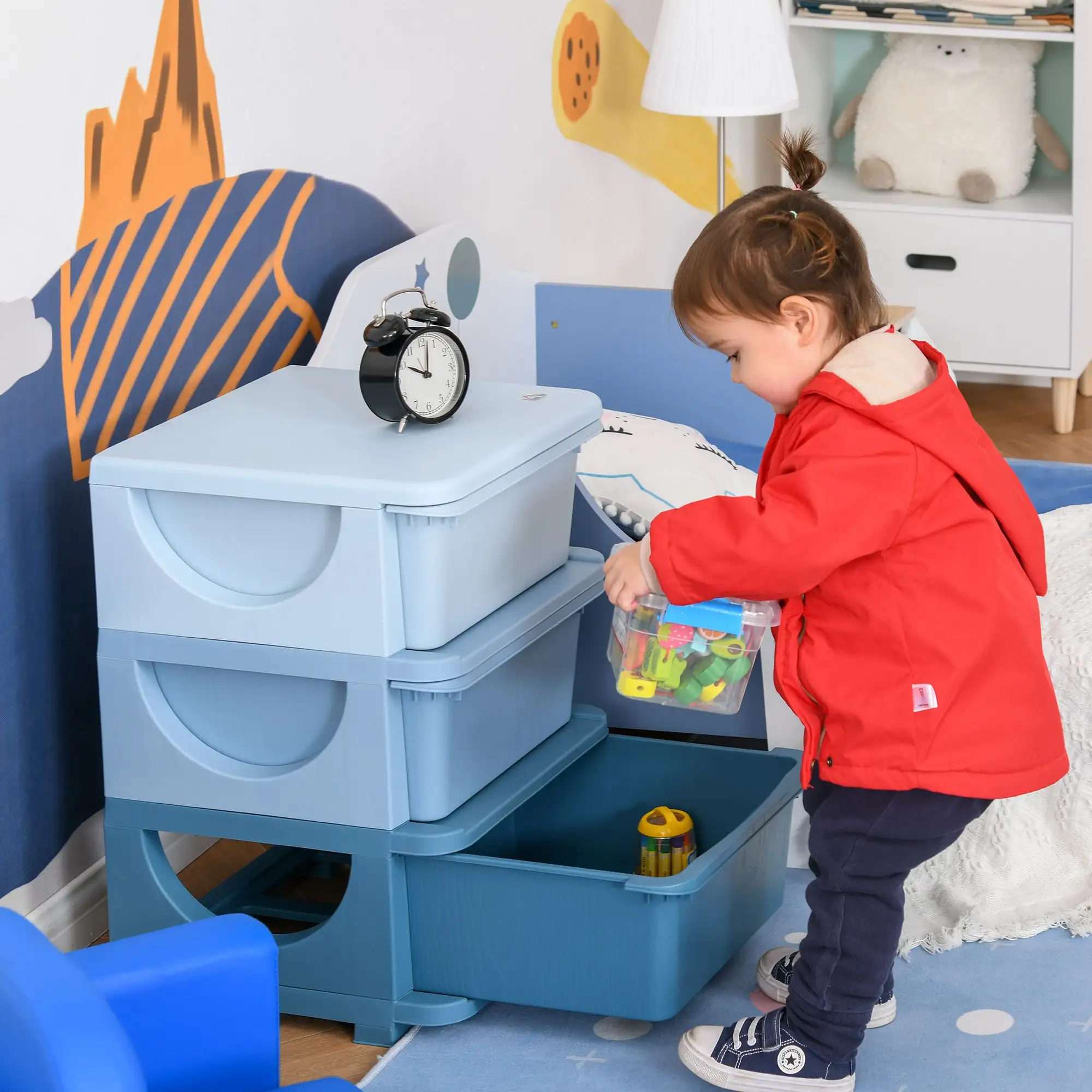 3 Tier Kids Toy Storage Organizer With Drawers, Blue, Chest For Bedroom, Kindergarten, Living Room, For Boys And Girls