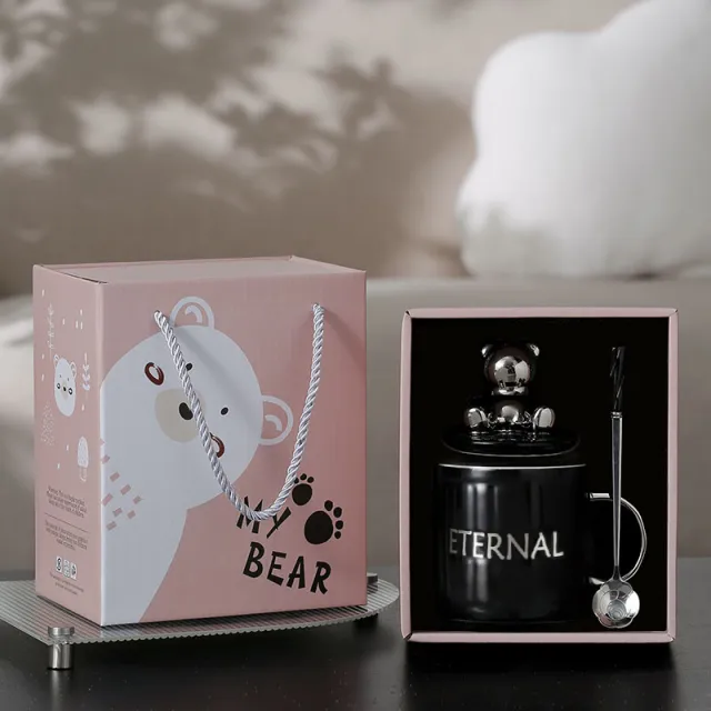 Mug With Lid Spoon Creative Ceramic Mug Bright Black Gift Box And Bag - Shop at LoveMi
