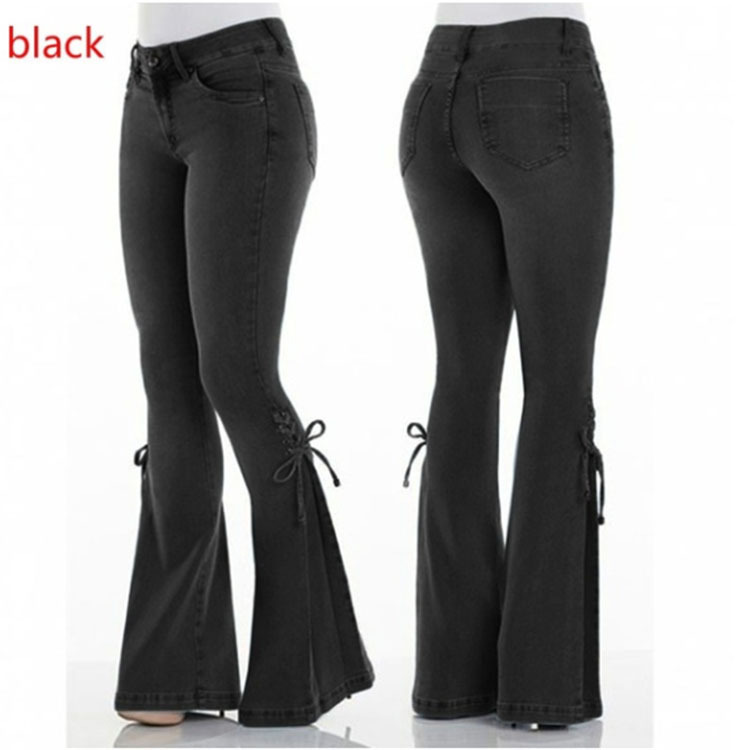 Mid Waist Lace Up Denim Trousers Stretch Jeans Women's Flared Pants