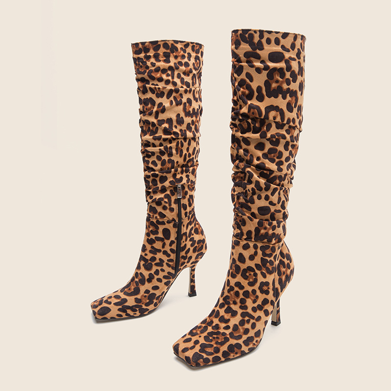 Women's Square Toe Leopard Print High-heeled Boots