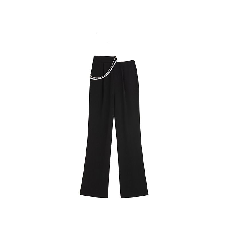 Women's High Waist Drape Rhinestone Waist Chain Wide Leg Pants Black - Shop at LoveMi