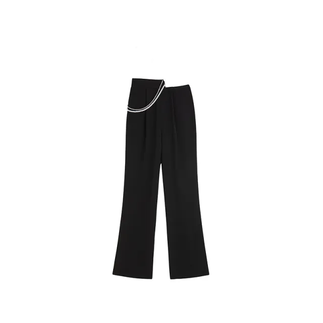Women's High Waist Drape Rhinestone Waist Chain Wide Leg Pants Black - Shop at LoveMi