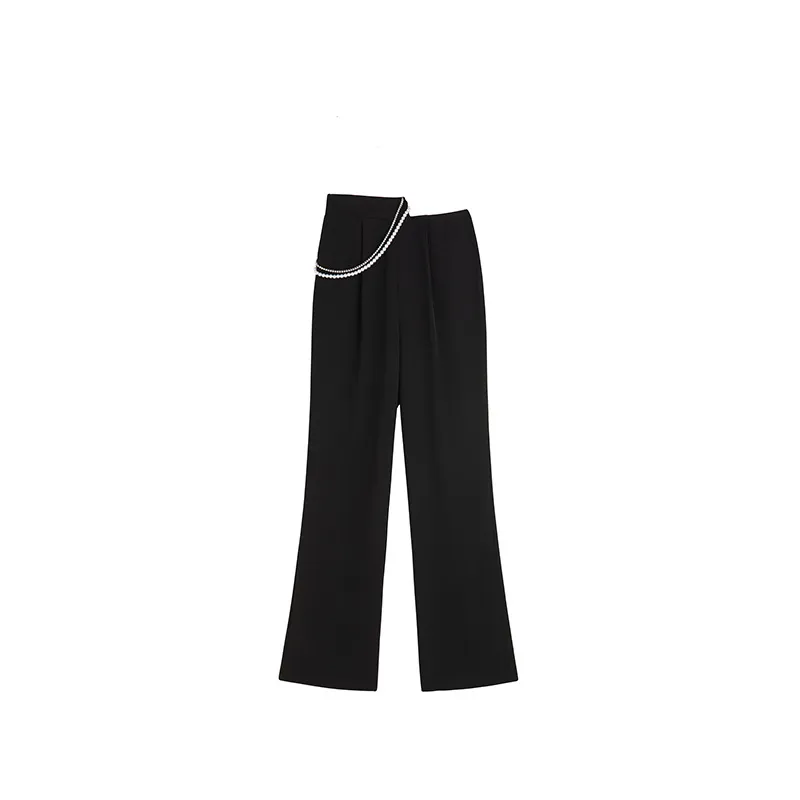 Women's High Waist Drape Rhinestone Waist Chain Wide Leg Pants - Black