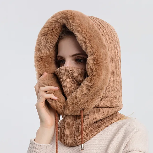 Winter Thick Plush Hat With Scarf Windproof Warm Knit Hats Hooded For Women Khaki - Shop at LoveMi