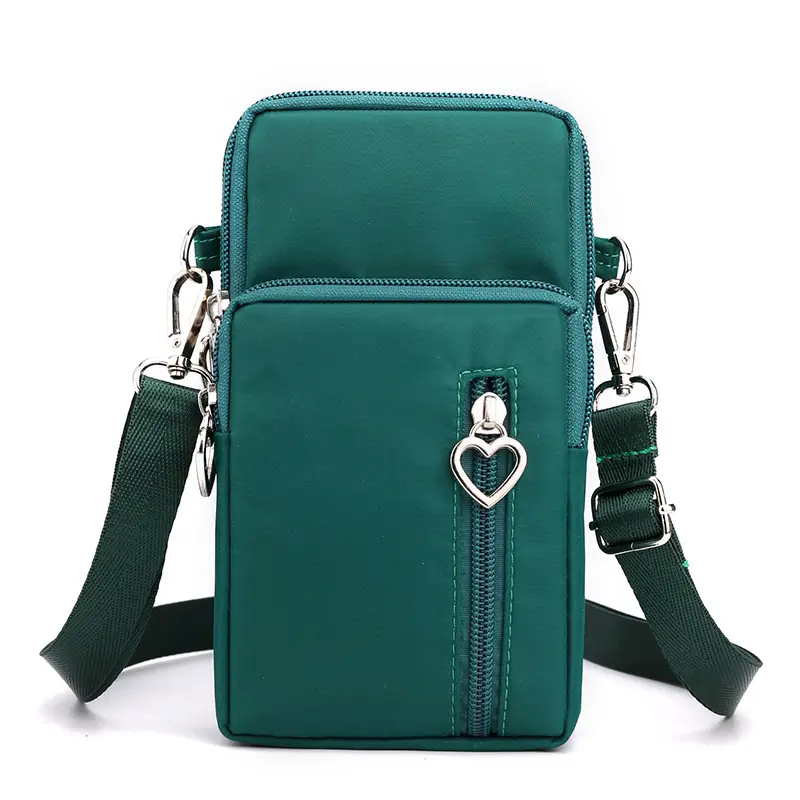 Crossbody Phone Bag and Wallet with Heart Zipper — Green, Small