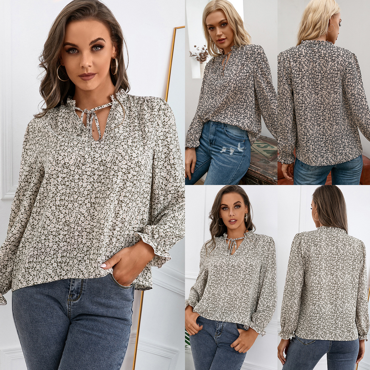 Title 5, Loose Casual Printed Fungus V-neck Long-sleeved...