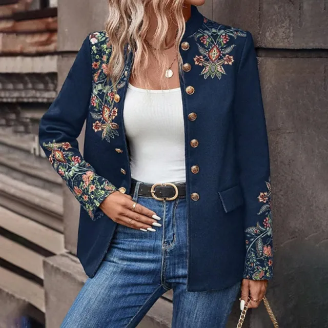Women's Stand Collar Solid Color Floral Print Blazer Fashion Double Breasted Fall & Winter Jacket Navy Blue - Shop at LoveMi