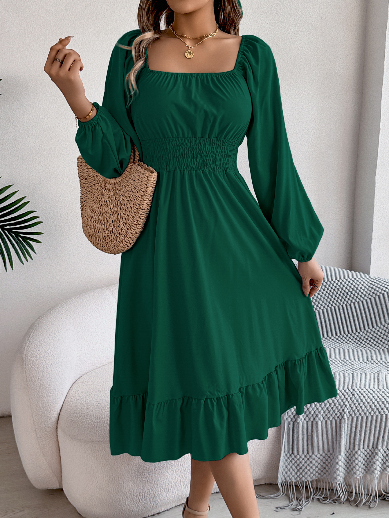 Women's Casual Solid Color Square Neck Long Sleeve Tie Waist Ruffle A-Line Dress