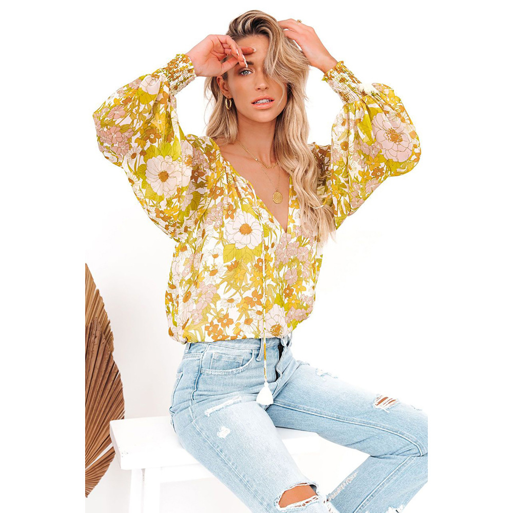 Yellow Tasseled Drawstring V Neck Floral Bibshop Sleeve Blouse